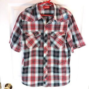 Vans Button Down Shirt Short Sleeve Black Red Blue White Plaid Boys Size L NWOT